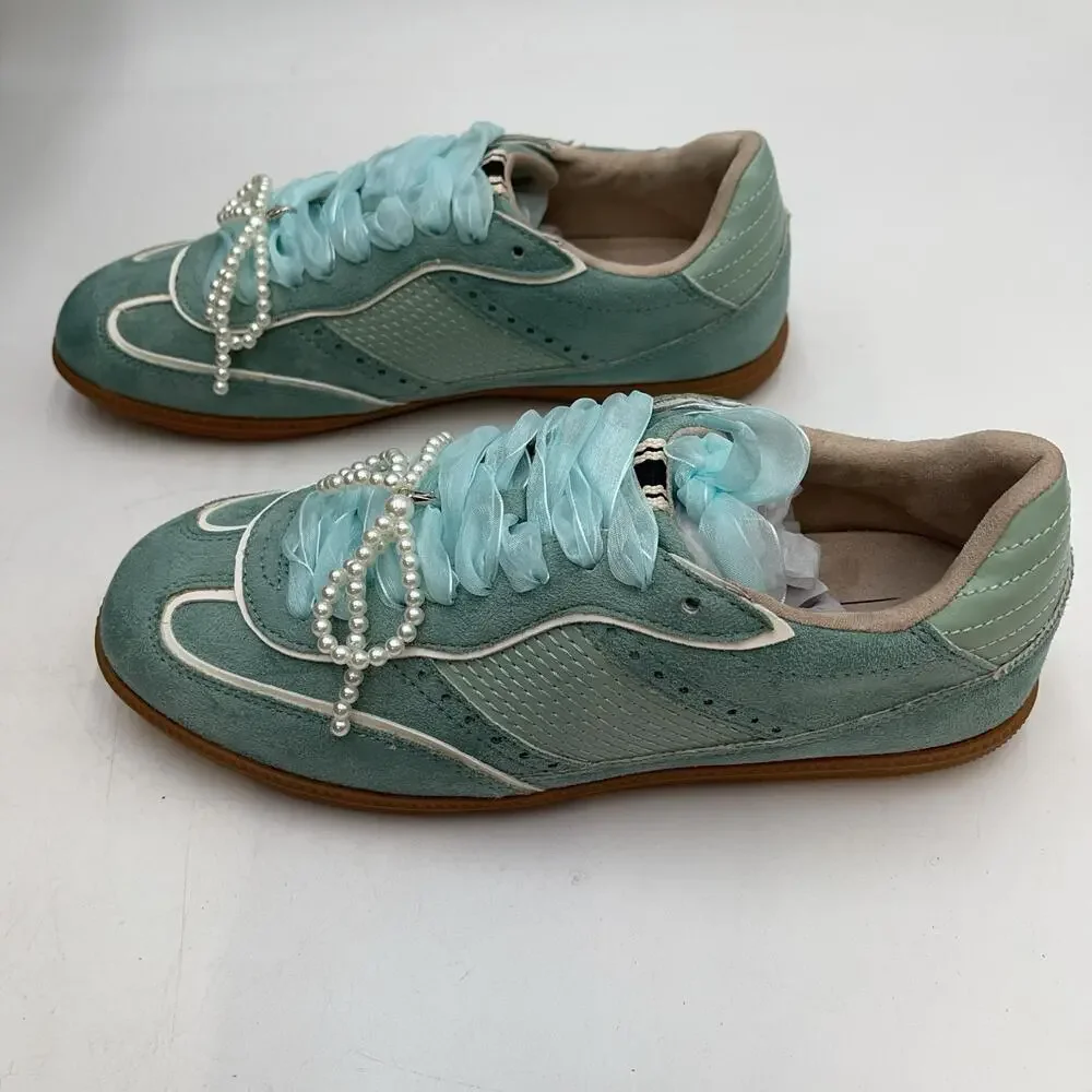Aqua Suede Pearl Beaded Shoes Womens Low Top Casual Sneakers Sophie Size 8
